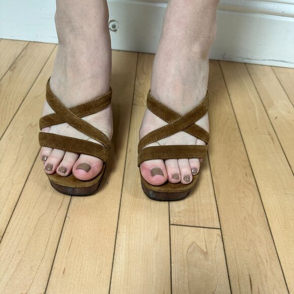 Stunning! Ananias Handmade Carved Wood & Suede Strappy Heels Size 7.5/8 Sandals - Picture 4 of 10